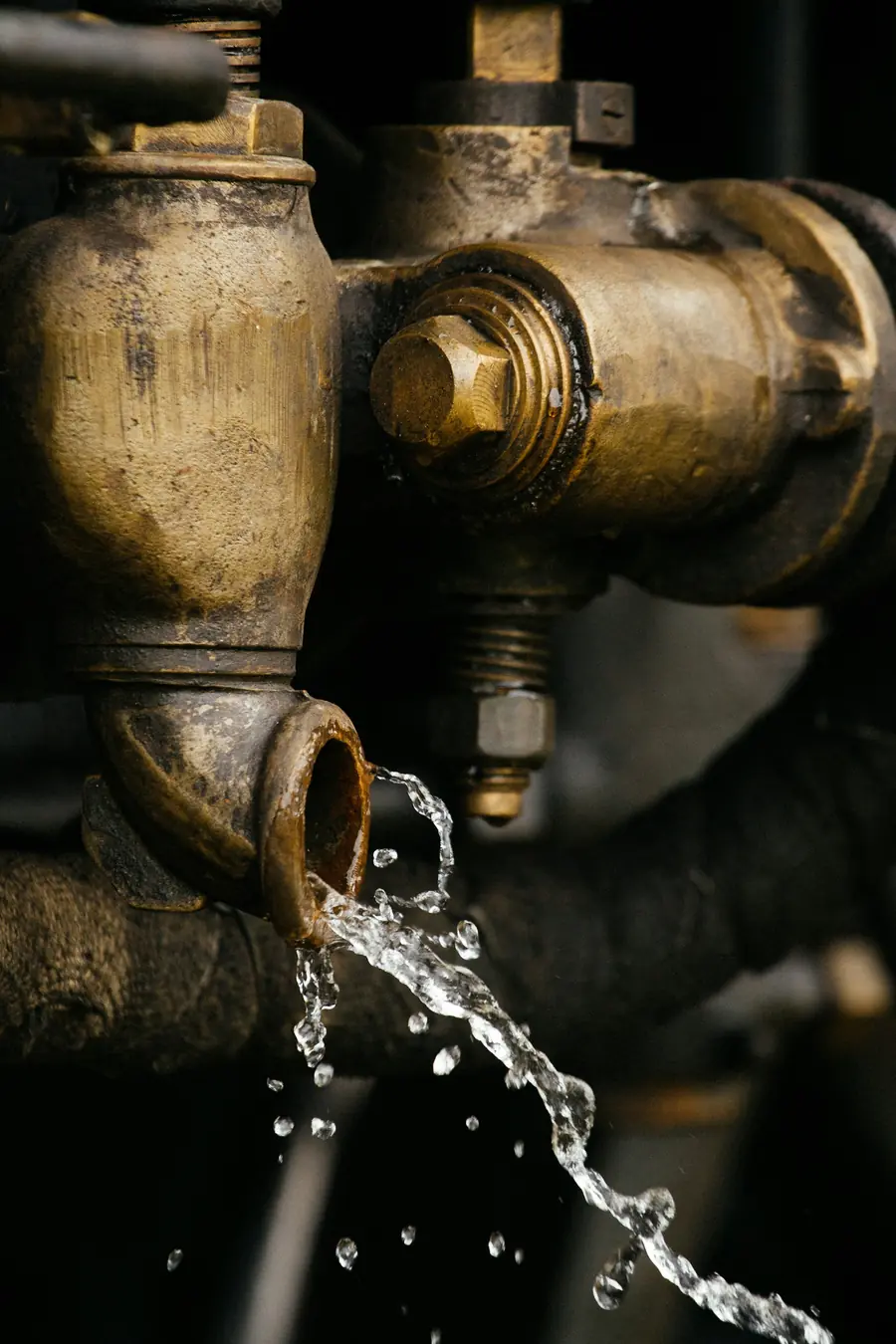 Water spraying from a corroded brass pipe fitting
